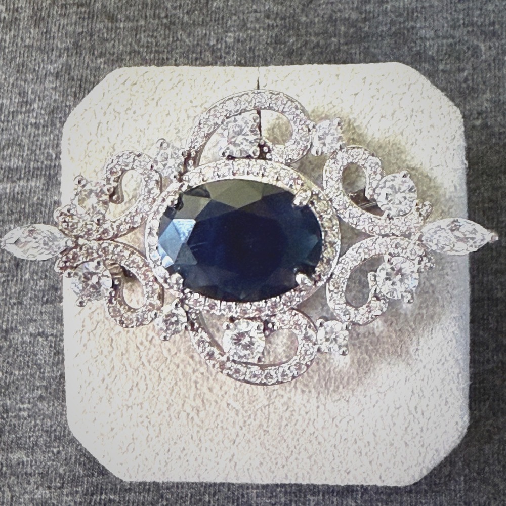 Brooch Silver Tone Blue Glass Clear Rhinestone Vintage Filigree Statement 2in